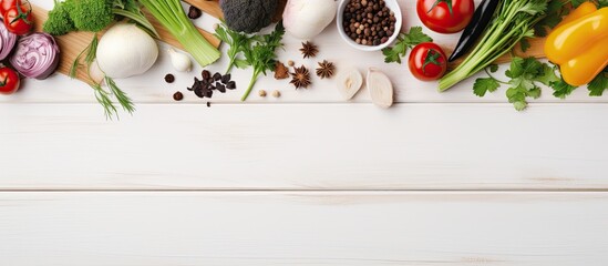 Top view of a white wooden surface adorned with various fresh ingredients and kitchen tools for preparing vegetarian and vegan dishes, creating a serene copy space image.