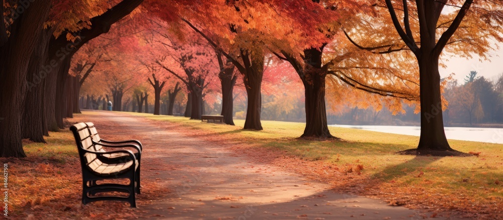 Leinwandbilder fall tree-lined pathway with a park bench, set against a picturesque autumn backdrop with ample copy