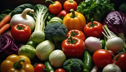 A vibrant assortment of fresh vegetables including tomatoes, cucumbers, cauliflower, bell peppers, and cabbage, showcasing a healthy and colorful bounty ready for culinary use