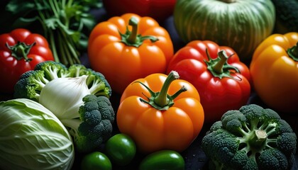 A vibrant assortment of fresh vegetables including tomatoes, cucumbers, cauliflower, bell peppers, and cabbage, showcasing a healthy and colorful bounty ready for culinary use