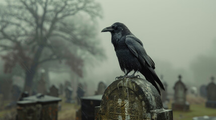 Fototapeta premium Black raven perched on a tombstone, gloomy scene