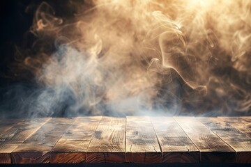 empty wooden table with smoke float up on bright background