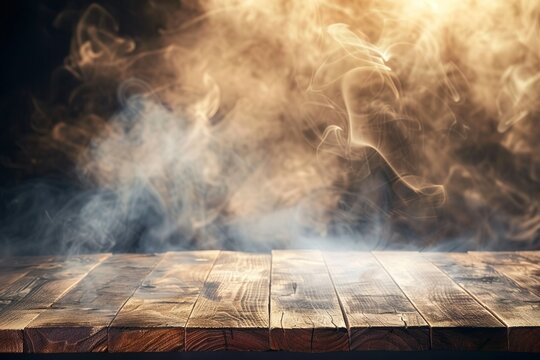empty wooden table with smoke float up on bright background