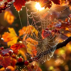 Morning dew on a spiderweb strung between vibrant autumn leaves, with the rising sun creating a stunning starburst effect.
