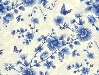 Vintage Chinese chinoiserie botanical watercolor painting drawing of butterfly and flower branch with blue and white color theme wall art, background, wallpaper, wall art