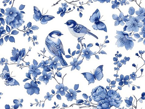 Vintage Chinese chinoiserie botanical watercolor painting drawing of bird and flower branch with blue and white color theme wall art, background, wallpaper, wall art