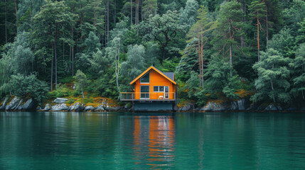 Fototapeta premium Scandinavian house in remote area near the lake of fjord