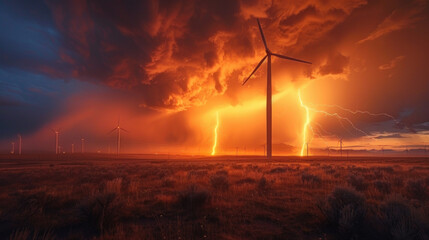 Obraz premium Wind generators and heavy storm with lightnings