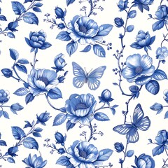 Vintage Chinese chinoiserie botanical watercolor painting drawing of butterfly and flower branch with blue and white color theme wall art, background, wallpaper, wall art