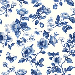 Vintage Chinese chinoiserie botanical watercolor painting drawing of butterfly and flower branch with blue and white color theme wall art, background, wallpaper, wall art