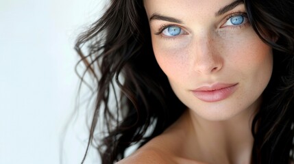 Obraz premium A woman with blue eyes and long dark hair posing for a picture, AI