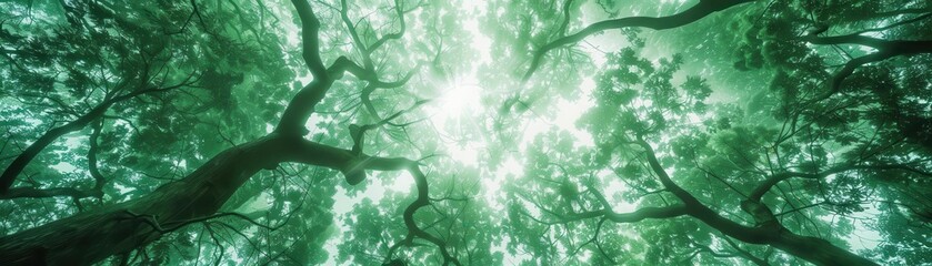 Looking up through lush green trees towards a sunlit sky.