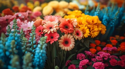 A colorful bouquet of flowers with a variety of colors including blue, pink