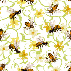 Bees on a floral background.Vector seamless pattern with floral decor and bees on a transparent background.