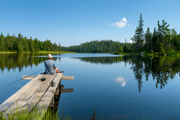 Obraz premium An angler sits patiently on a rustic wooden dock by a tranquil lake, the reflection of the surrounding pine trees shimmering on the water's surface as he waits for a bite under a clear blue sky.