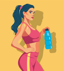 Vector illustration of a girl athlete holding a bottle of water, sports day, health day, a woman doing sports, a woman girl in sportswear, for the site, posters, cards, posters, social networks