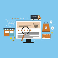 Internet shopping concept with device screens. Online digital store application banner in flat design. E-commerce advertising illustration with shopping cart and goods. Order online background