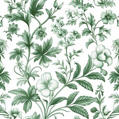 Vintage Chinese chinoiserie botanical watercolor painting drawing of flower branch with green and white color theme wall art, background, wallpaper, wall art