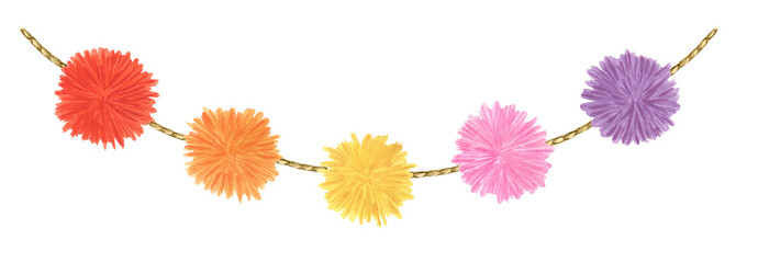 Cute, colorful garland with decorative holiday pom poms. Red, orange, yellow, pink and lilac hairy balls pompons. Hand drawn watercolor illustration isolated on transparent.  © ELENA