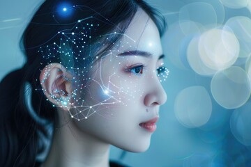 Side view Portrait of attractive young woman with a scanning grid on her face on blue background