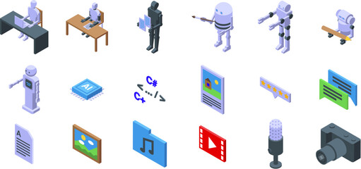 Robot-writer icons set. Artificial intelligence working as content creator, artist, writer, musician, programmer and blogger