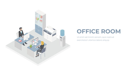 Office room isometric illustration. Office workers on workplase. People in office interior.