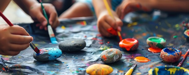 Kids painting rocks for National Art Day, October 25th, creating colorful designs, 4K hyperrealistic photo.