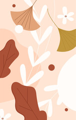 Autumn leaves and flowers in pastel yellow and brown colors, abstract minimal pattern vector illustration