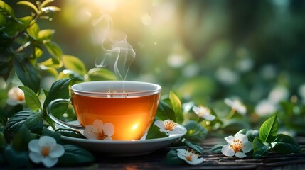 A cup of tea is sitting on a white plate with a few flowers on the table