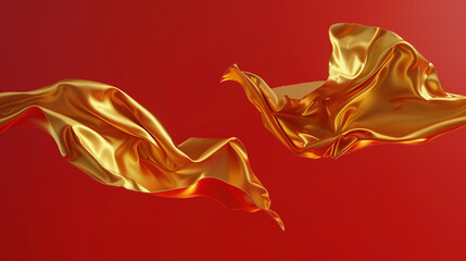 Dynamic and elegant golden fabric flowing against a vibrant red background, capturing motion and luxury in a striking composition.
