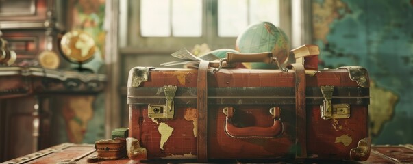 Vintage suitcase overflowing with travel souvenirs, 4K hyperrealistic photo