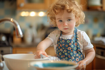 A cute toddler with curly hair, wearing a colorful apron, washing dishes in a cozy kitchen, showcasing early responsibility and playfulness.
