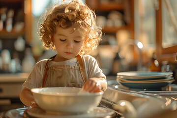 A cute toddler with curly hair, wearing a colorful apron, washing dishes in a cozy kitchen, showcasing early responsibility and playfulness.
