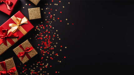 Black background. Xmas black red gift box and gold ribbon bow viewed from above for text Merry Christmas, Happy New Year and Black Friday season. Horizontal banner, website. Vector illustration