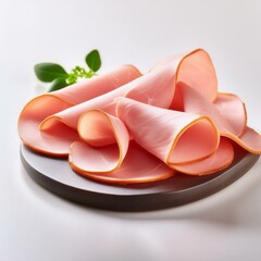 Thin slices of ham on white background.