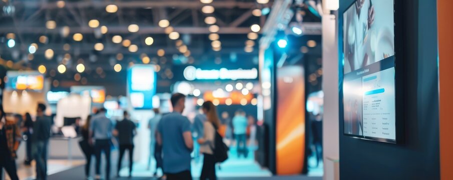 Virtual event platform interface mockup with exhibitor booths and attendee networking. Hyperrealistic 4K photo.