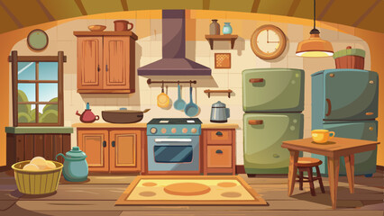 Kitchen interior with furniture and appliances front view. vector illustration night view 