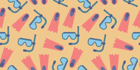 Seamless pattern of swimming mask and fins in flat style, isolated on a yellow background. Diving accessories. Vector 