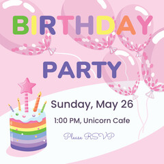 Colorful invitation to the Birthday party with with balloons, gifts cake and candles. Vector illustration of templates great for card, poster, flyer or banner.