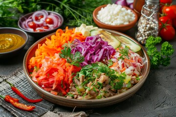 Colorful salad bowl with red onion, carrot, and red cabbage on dark tabletop