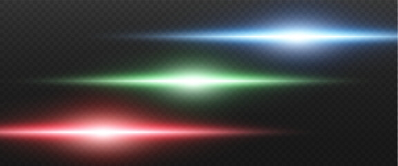 Set of realistic vector red, green, blue, gold and white stars png. Set of vector suns png. Red flares with highlights. Horizontal light lines, laser, flash.