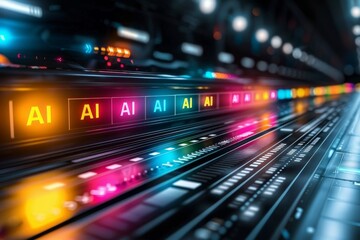 Naklejka premium AI neon lights in a high tech environment, representing advanced technology and artificial intelligence in a futuristic, digital setting