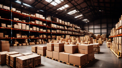A spacious, well-lit warehouse filled with neatly stacked cardboard boxes of various sizes. Pallets, forklifts, and labels are visible, highlighting the efficiency and orderliness of the storage area.
