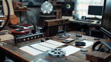 Naklejka premium Creative Filmmaker's Hub Blank Business Cards Film Reels and Storyboards in Editing Suite