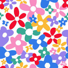 Cute colorful flower seamless pattern. Kids style doodle floral background with funny nature shapes. Childish art texture design