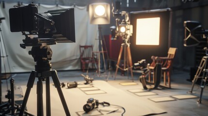 Indie Film Set Blank Business Cards Film Cameras and Director's Chair in Cinematic Lighting Creative Filmmaking Concept for Indie Productions