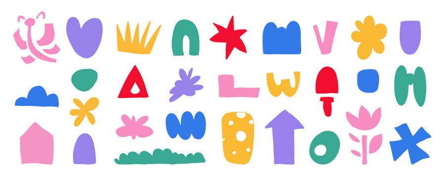 Hand drawn colorful organic doodle shapes and squiggles in childish style. Abstract funny cut out kids shapes elements. Simple naive art icons on white background