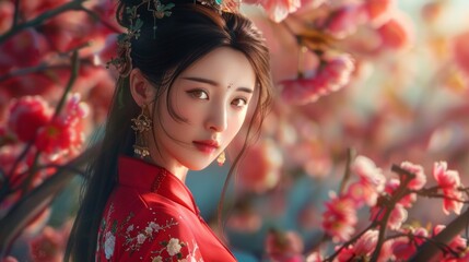 A woman in a red dress with flowers on her head, AI