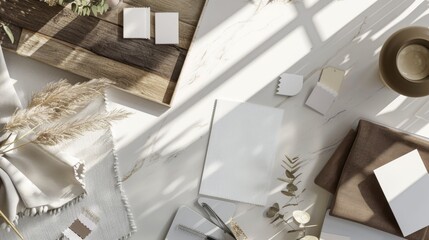Obraz premium Creative Workspace Interior Design Inspiration with Blank Business Cards Fabric Samples Mood Board and Digital Tablet Professional Decorator's Desk Stock Image