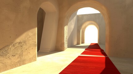 Sunlight streaming through arches onto a red carpet in a serene corridor